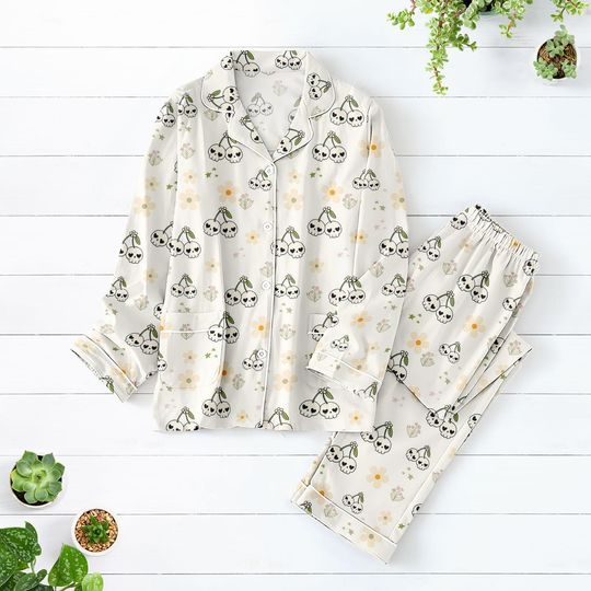 Cherry Skull Pajamas Set, Gothic Satin Sleepwear, Punk Rock Loungewear, Halloween Cherry Pajamas