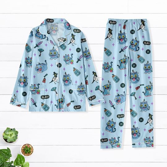 Derpy Tiger Demon Hunters Pajama Set for Women, Grinning Demon Tiger & Mystic Bird Sleepwear, K-pop Demon Hunters Pajamas
