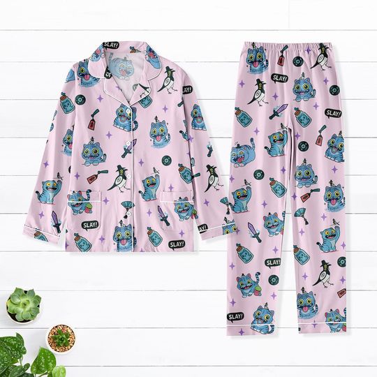 Derpy Tiger Demon Hunters Pajama Set, Kpop Demon Hunters Sleepwear, Grinning Demon Tiger & Mystic Bird Pajamas Women