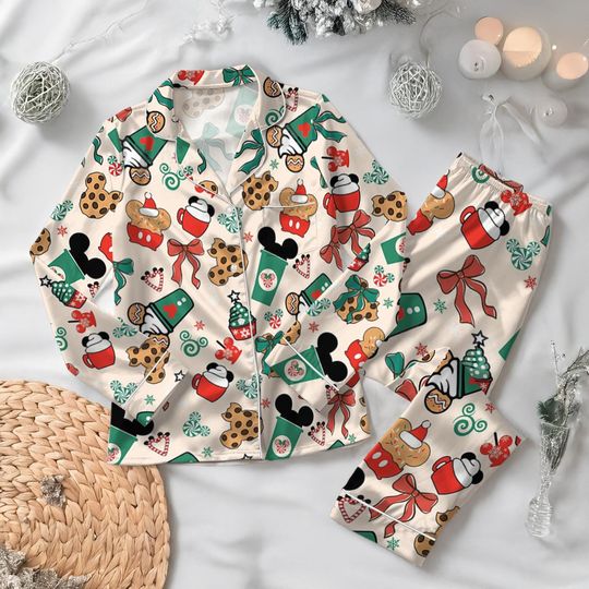 Christmas Disney Mickey Snacks Satin Pajama Set for Adults