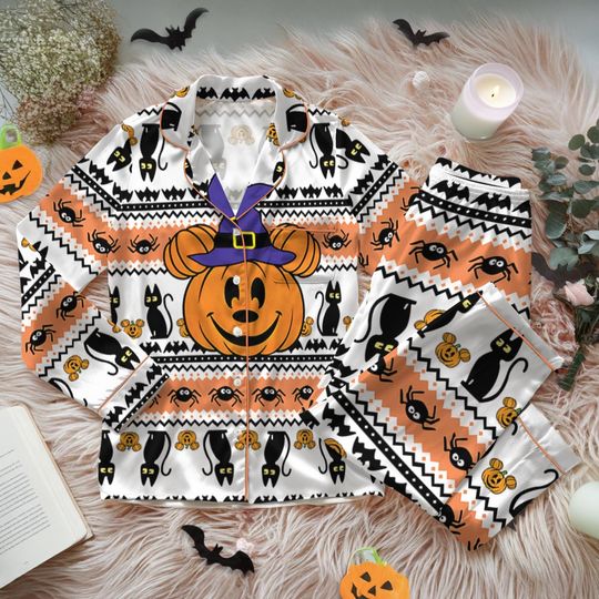 Disney Halloween Mickey Mouse Pumpkin Satin Pajama Set for Adults