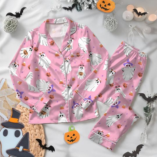 Ghost Pumpkin V-Sign Satin Pajamas Set, Halloween & Spooky Season Pajamas for Adults