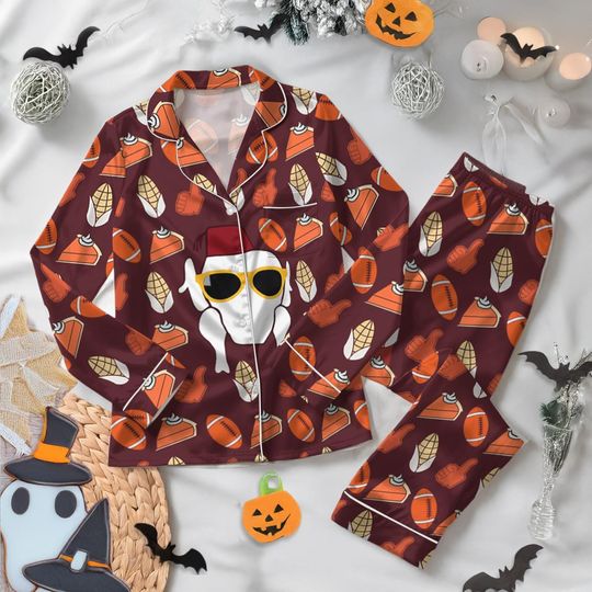Fun Friends Thanksgiving Satin Pajamas Set, Friends Turkey Thanksgiving Pajamas, Happy Friendsgiving Turkey Shirt