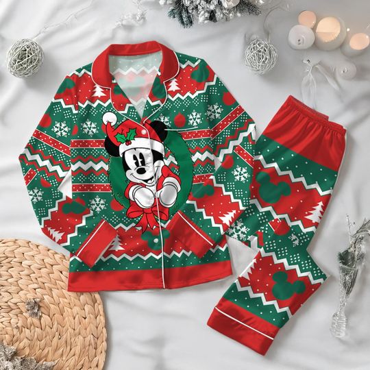 Disney Mickey Mouse Satin Christmas Pajama Set, Men's Santa Mickey Sleepwear, Disneyland Holiday PJs