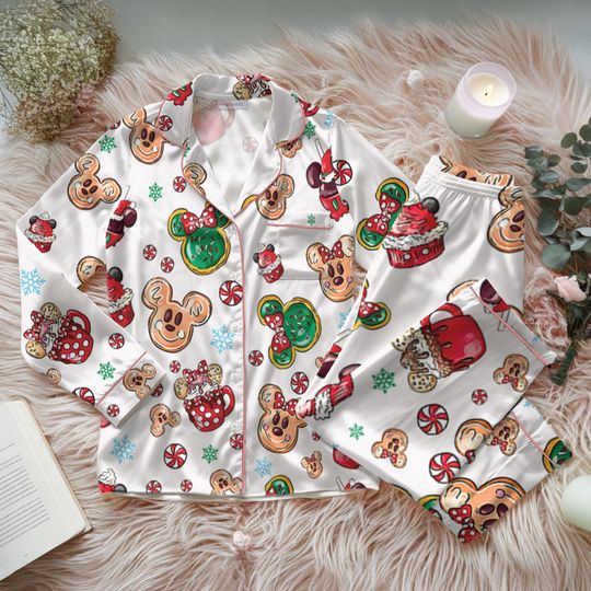 Disney Christmas Mickey Candy Satin Pajama Set, Mickey Mouse Snacks Loungewear, Disneyland Holiday Pajamas