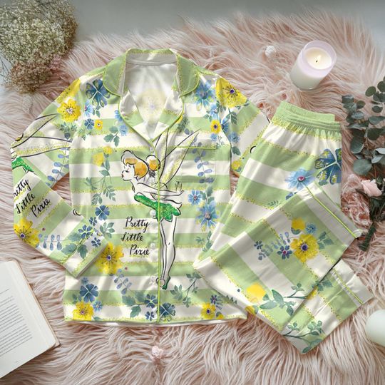 Disney Tinker Bell Satin Pajamas Set, Disney Fairytale Pjs, Disneyland Fairy Magical Movie Cartoon Pajamas