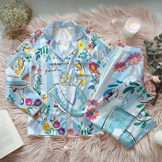 Disney Alice in Wonderland Satin Pajama Set, Cute Tea Time Sleepwear, Summer Nightwear