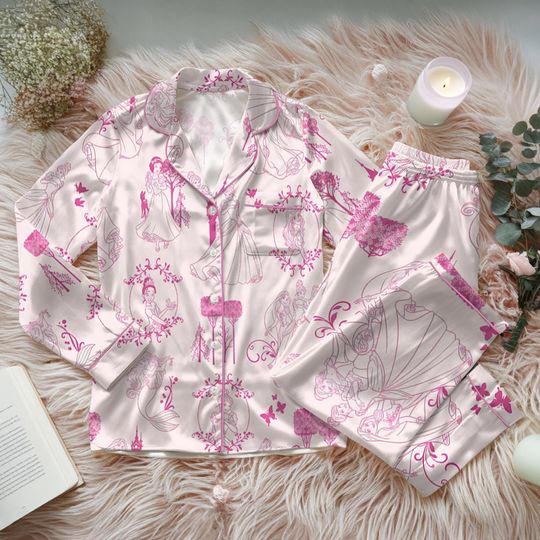 Disney Princess All Characters Toile Pink Satin Pajamas Set, Magic Kingdom Girly Disney Girl Pajamas, Bridesmaid Pajamas