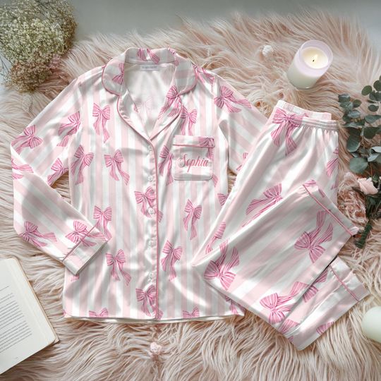 Personalized Pink Bow Satin Pajama Set, Custom Coquette Ribbon Lounge Set