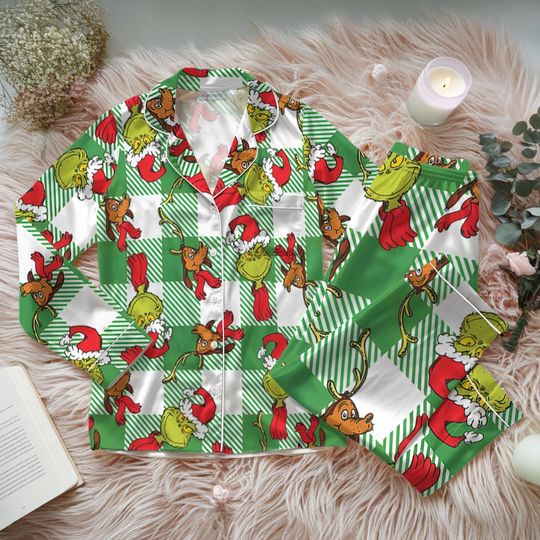 Funny Character Christmas Pajama Set, Grin Christmas Sleepwear, Green Guy Pajamas, Christmas Movie Character PJs