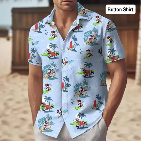 Mickey Mouse Friends Donald Goofy Surfing Hawaiian Shirt Casual Button Shirt