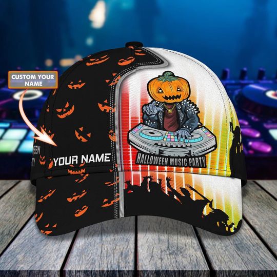 Custom Name Pumpkin DJ Halloween Cap with Jack-o'-Lantern and Crowd Graphic