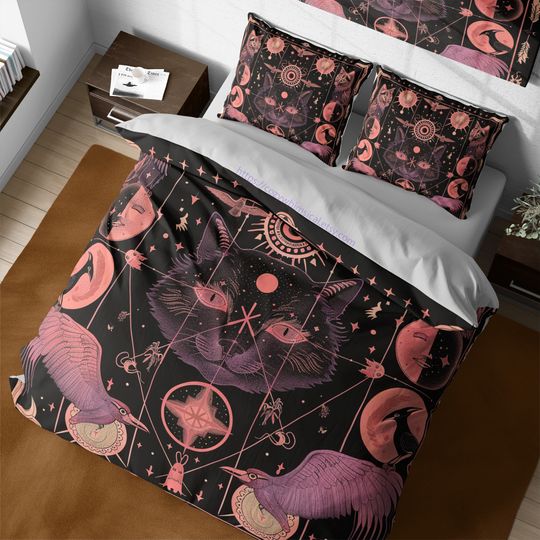 Gothic Black Cat Duvet Cover Set, Boho Bedding, Dark Aesthetic Bedroom Decor, Halloween Gift, Witchy Bedspread