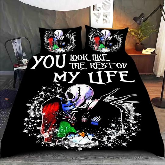 Nightmare Before Christmas Bedding Set, Gothic Couple Bed Cover, Halloween Skull Blanket, Romantic Bedroom Decor