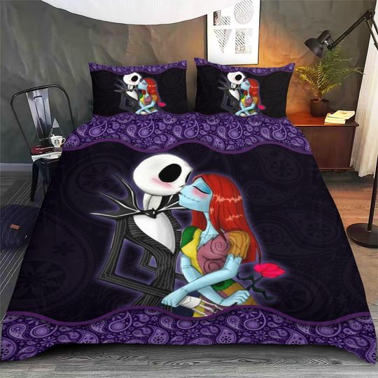 Halloween Jack and Sally Bedding Set, Nightmare Before Christmas Duvet Cover, Bedroom Decor