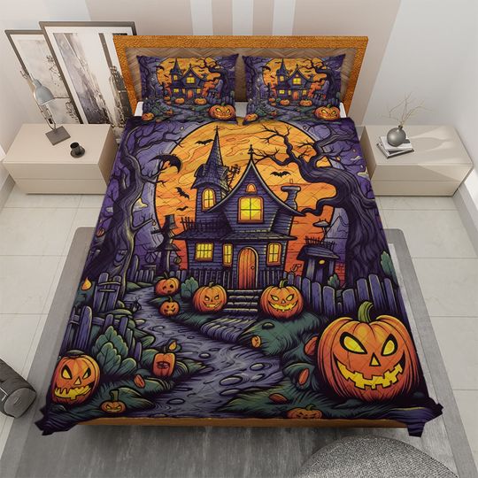 Vintage Haunted House Halloween Quilt Bedding set, Retro Trick or treat Spook House Quilt Blanket, Halloween Decor, Halloween Gifts