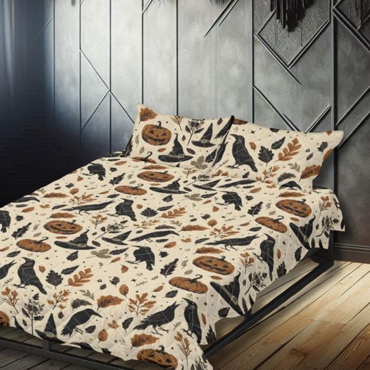 Ravens Pumpkins and Witch Hats Quilt Bedding Set Halloween Blanket