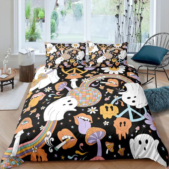 Retro cute ghost and smiley 90s halloween bedding hippie duvet cover set, colorful dorm bedding, teens bedroom, adult duvet, toddler bedding