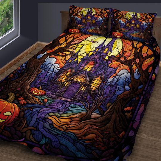 Retro Haunted House in Starry Night Halloween Quilt Bedding set, Spooky Season House Quilt Blanket, Halloween Cottagecore Decoration