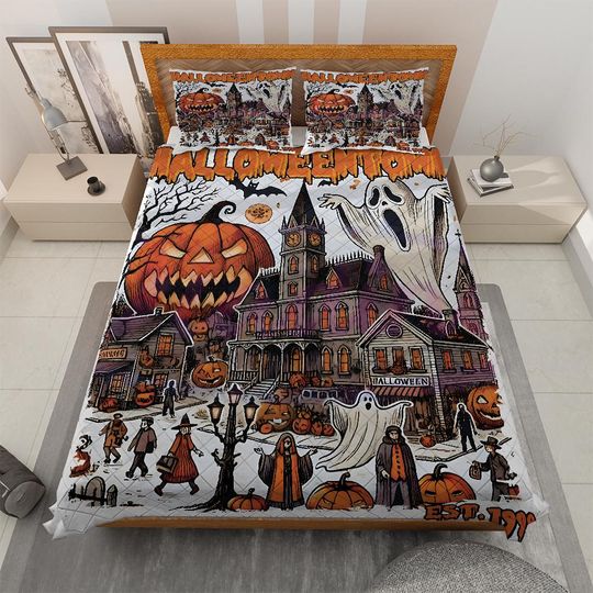 Vintage Halloween Town Quilt Bedding set, Boo Ghost Halloween Quilt Blanket, Cottagecore and Dark Academia Decor, Halloween gifts