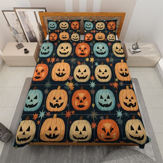 Vintage Spooky Pumpkin Halloween Quilt Bedding set, Vintage Pumpkin Jack-o'-lantern Quilt Blanket, Vintage Halloween Decor, Halloween gifts