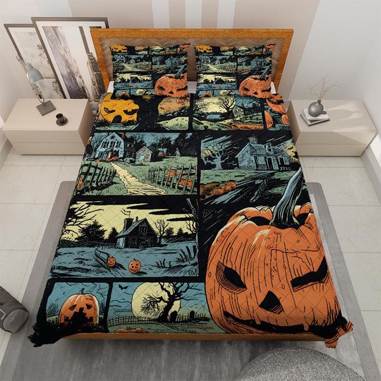 Retro Comic Pumpkins Halloween Bedding set, Spooky Season Jack-o'-lantern Quilt Blanket, Cottagecore and Dark Academia Decor, Halloween gift