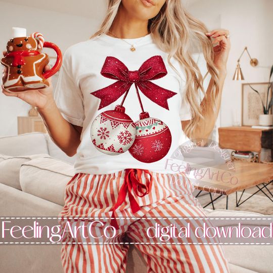 Red Christmas Ornaments, Glitter Bow Clipart, Snowflake Ornament, Holiday Sublimation