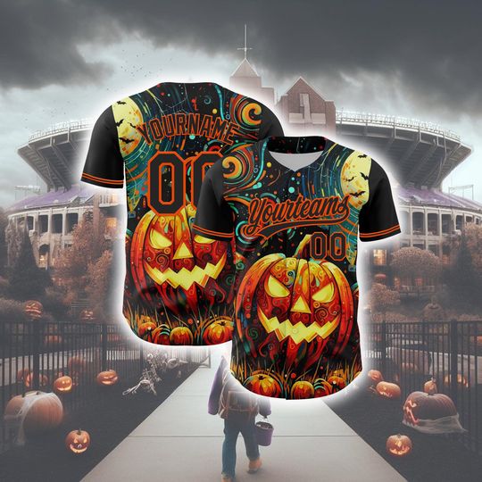 Personalized Halloween Horror Baseball Jersey - Custom Black and Orange 3D Halloween Baseball Jersey for Kids and Adults