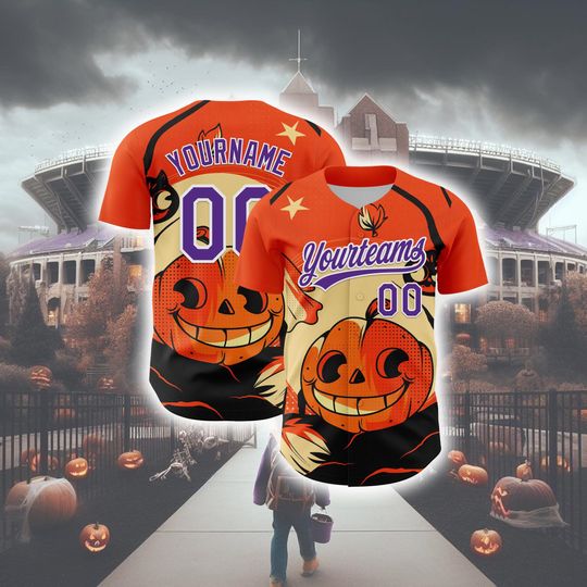Personalized Halloween Horror Baseball Jersey - Custom Orange, Purple, White 3D Halloween Authentic Baseball Jersey