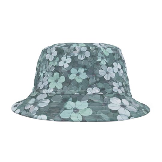 Blue Pastel Flower Bucket Hat, Summer AOP Polyester Cap