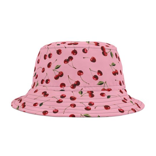 Cherry Pink AOP Bucket Hat, Summer Hat