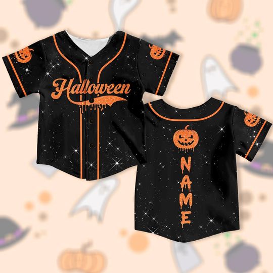Drip Halloween Baseball Jersey with Custom Name, Black and Orange Glitter Pumpkin Tee, Spooky Trick or Treat Shirt