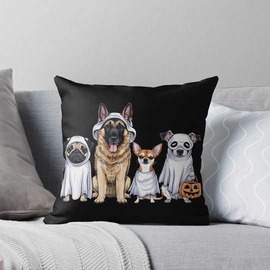 Cute Halloween Dogs in Ghost Costumes Pillow