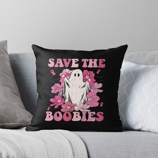 Save The Boobies Pink Ghost Woman Breast Cancer Halloween Pillow