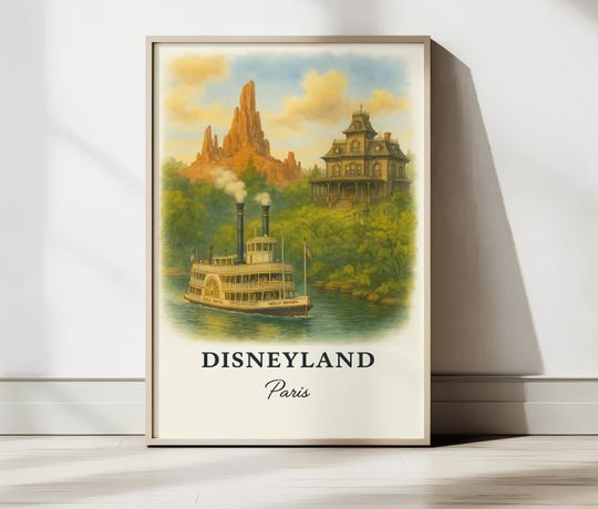 Disneyland Paris Wall Art Poster - Vintage Watercolor Frontierland, Molly Brown Steamboat & Phantom Manor Illustration