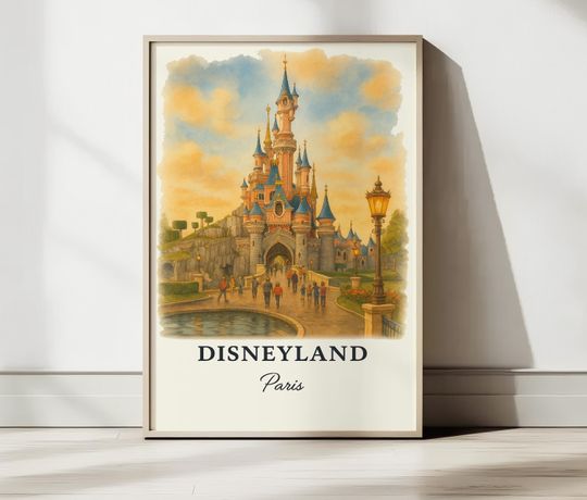 Disneyland Paris Wall Art Poster, Vintage Watercolor Castle, Disney Fairytale Decor, Travel Illustration