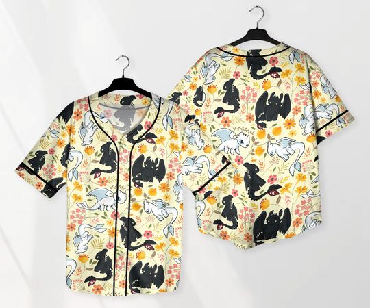 Toothless Baseball Jersey Shirt, Light Fury Dragon Floral Shirt