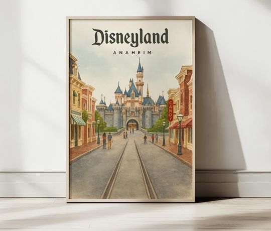 Disneyland Poster Anaheim Vintage Sleeping Beauty Castle Main Street Retro Disney Wall Art California Decor
