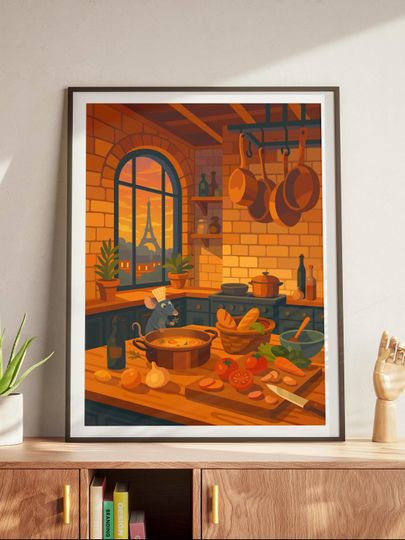 Ratatouille Poster Print, Cozy Chef Mouse Kitchen Art, Pixar-Inspired Wall Decor, Paris Sunset Scene, French Cooking Illustration