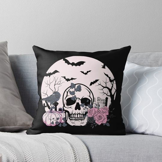 Skull Roses Pumpkins Halloween Pillow