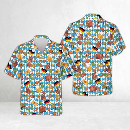 Prost Oktoberfest Hawaiian Shirt, German Beer Sausage Pretzel Bavarian Flag Button-Up Shirt