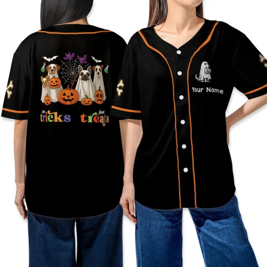 Personalized No Tricks Just Treats Ghost Dogs Halloween Baseball Jersey Shirt