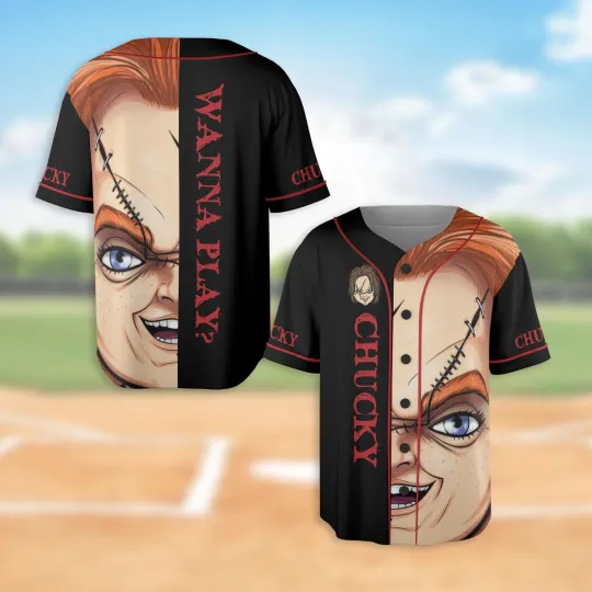 Horror Chucky Half Face Wanna Play Serial Killer Halloween Baseball Jersey Shirt