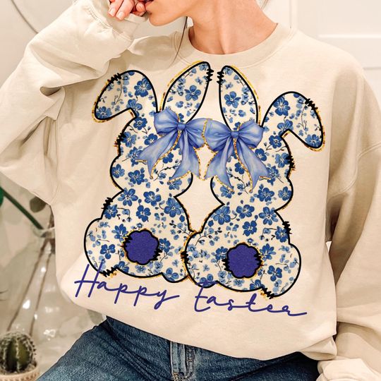 Happy Easter, Blue Floral Chinoiserie Bunny, Grand Millennial Easter, Blue Toile Easter Rabbit