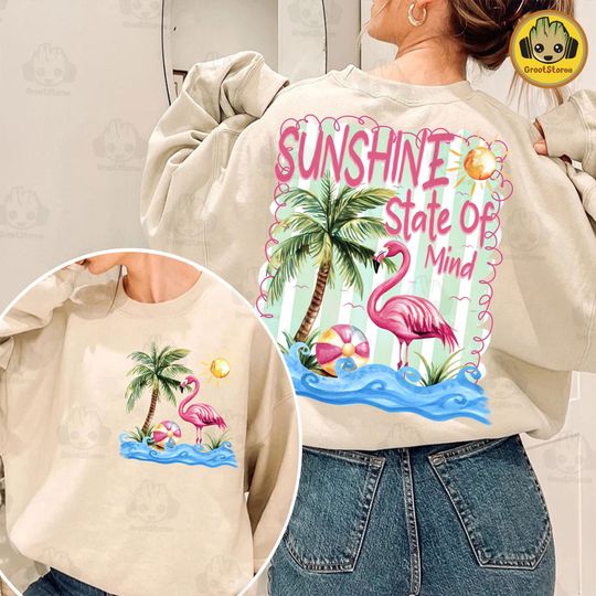Sunshine State of Mind Double Sided Sweatshirt, Colorful Palm Tree Flamingo Summer