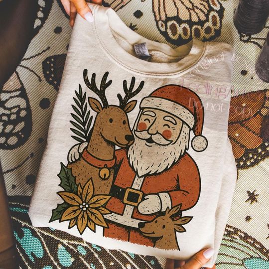 Christmas Santa and Reindeer, Floral Christmas, Holiday Poinsettia and Floral Clipart