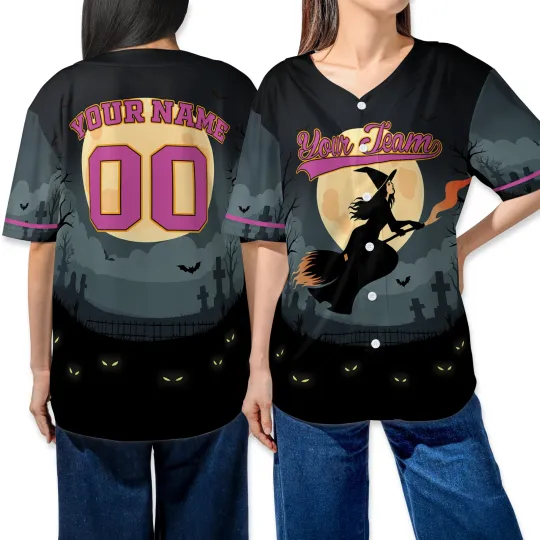 Personalized Halloween Witch Riding Broom Spooky Season Baseball Jersey Shirt