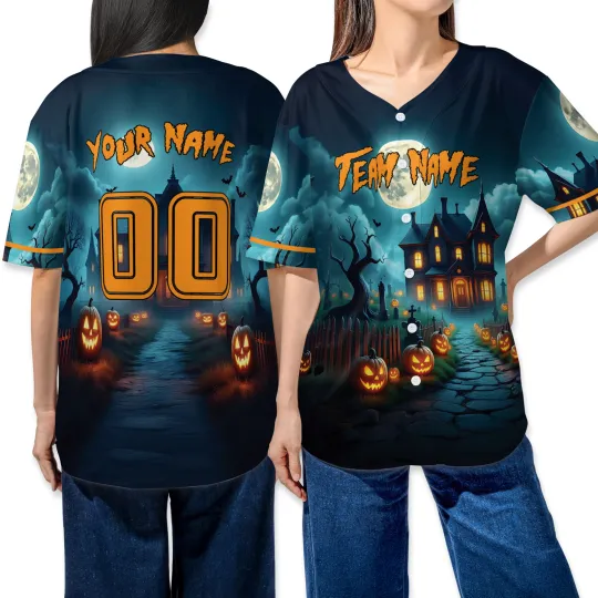 Personalized Spooky Haunted House Happy Halloween Baseball Jersey Shirt