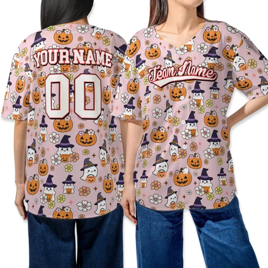 Personalized Cute Ghost Pumpkin Happy Halloween Floral Baseball Jersey Shirt