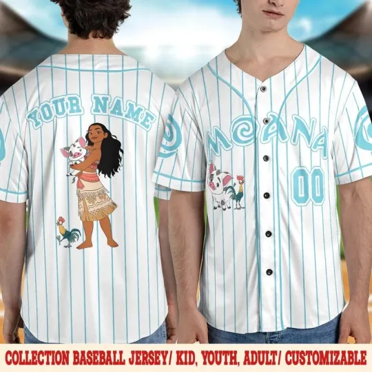 Personalized Moana Pua And Hei Hei White & amp, Blue Striped Baseball Jersey Shirt